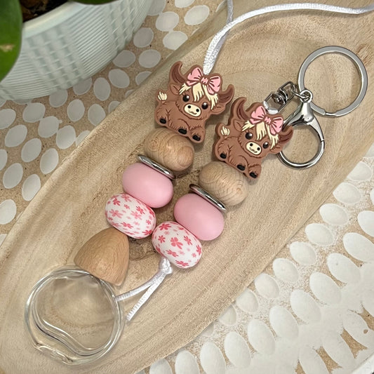 Keyring & Car Diffuser Set Pink Baby Highland Cow